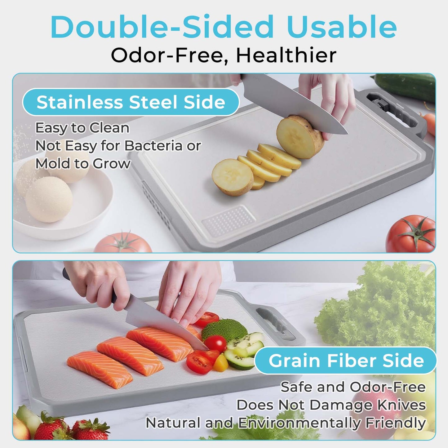 MoonSun Cutting Board for Kitchen, Double Sided Food Grade Stainless Steel/Wheat Straw PP Non-Slip Thick Board,Large Size 17”×12”