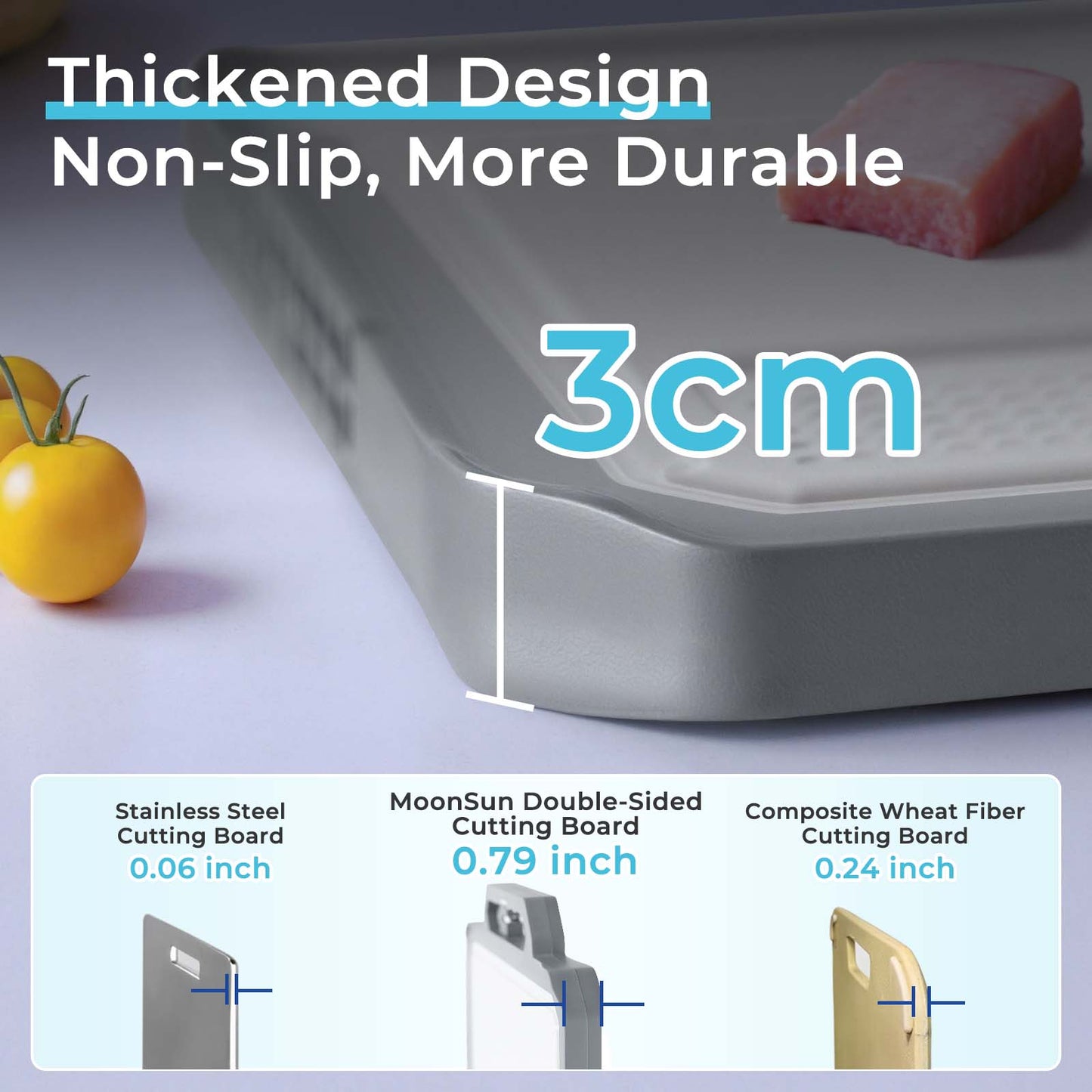 MoonSun Cutting Board for Kitchen, Double Sided Food Grade Stainless Steel/Wheat Straw PP Non-Slip Thick Board,Large Size 17”×12”