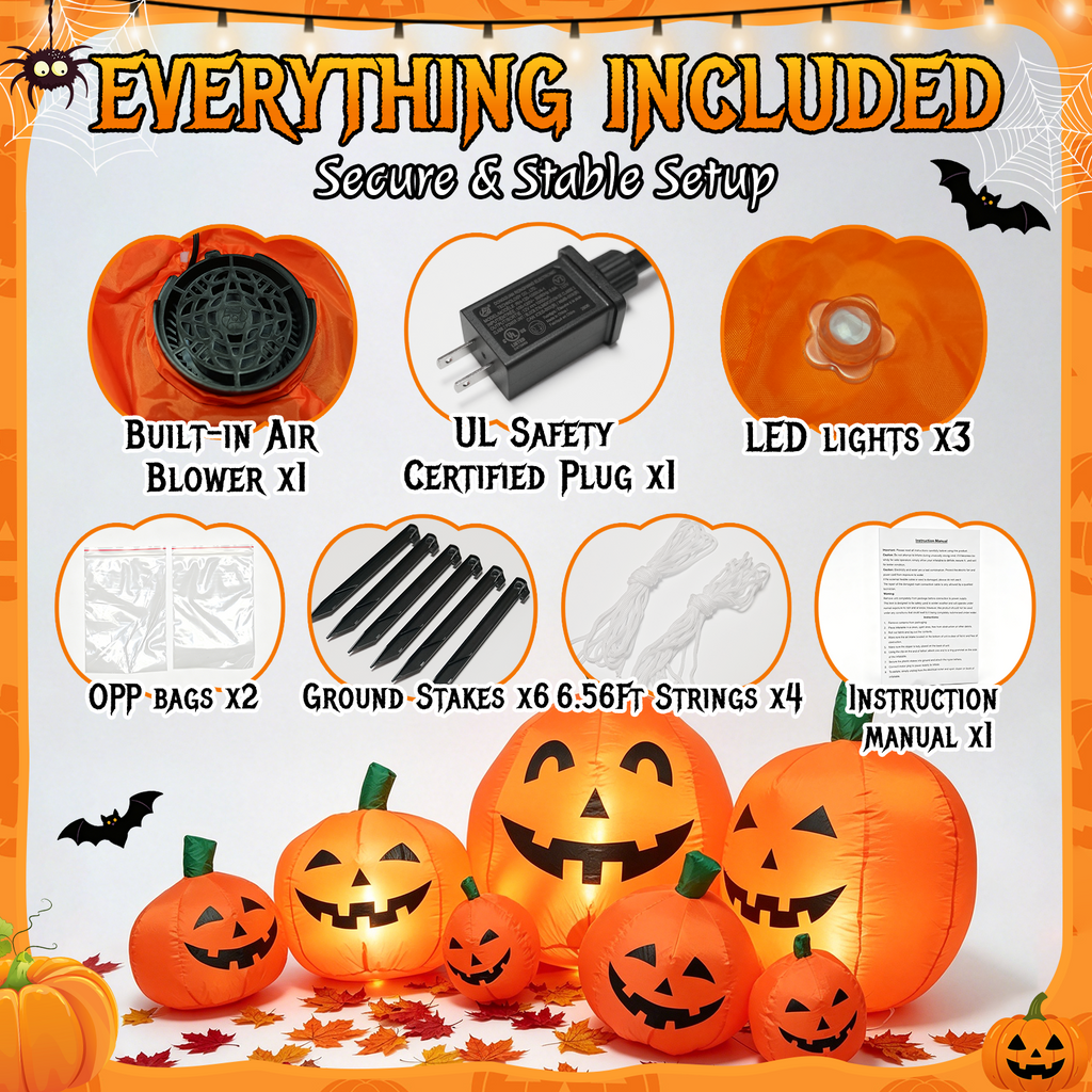 7.5 FT Long Halloween Inflatables Pumpkin Family Lighted,7 Pumpkins Blow Up Yard Decoration, Built-in LEDs, Stakes & Tethers Included for Outdoor Lawn Garden Halloween Decor