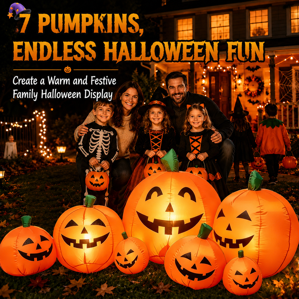 7.5 FT Long Halloween Inflatables Pumpkin Family Lighted,7 Pumpkins Blow Up Yard Decoration, Built-in LEDs, Stakes & Tethers Included for Outdoor Lawn Garden Halloween Decor