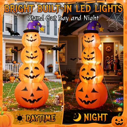 8 FT Halloween Inflatables Outdoor Decorations, Blow Up Yard Decorations Inflatable Pumpkins with Witch Hat with Build-in LEDs, Stacked Pumpkins Blow Ups for Yard, Halloween Decor