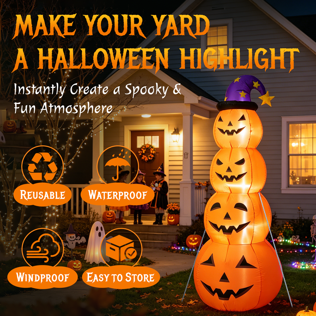 8 FT Halloween Inflatables Outdoor Decorations, Blow Up Yard Decorations Inflatable Pumpkins with Witch Hat with Build-in LEDs, Stacked Pumpkins Blow Ups for Yard, Halloween Decor