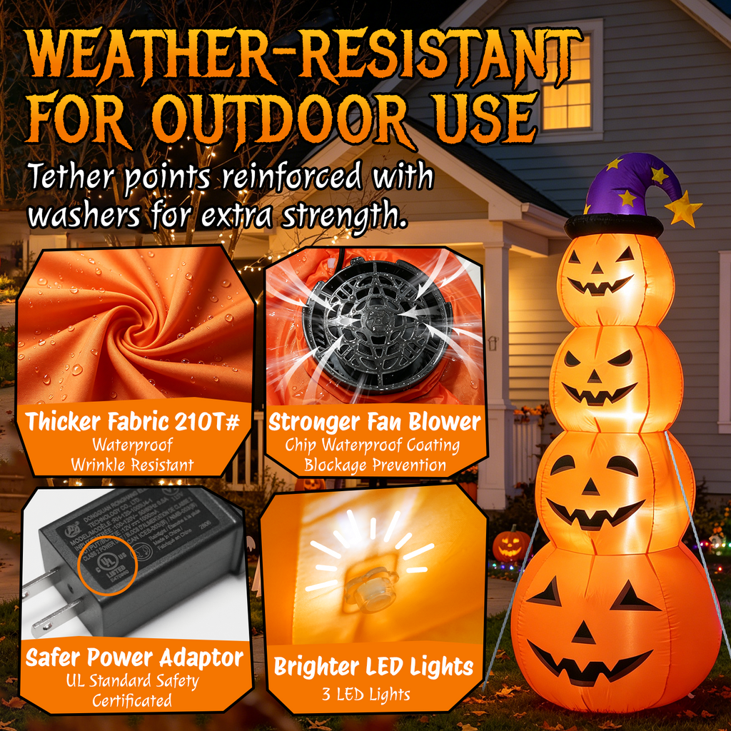 8 FT Halloween Inflatables Outdoor Decorations, Blow Up Yard Decorations Inflatable Pumpkins with Witch Hat with Build-in LEDs, Stacked Pumpkins Blow Ups for Yard, Halloween Decor