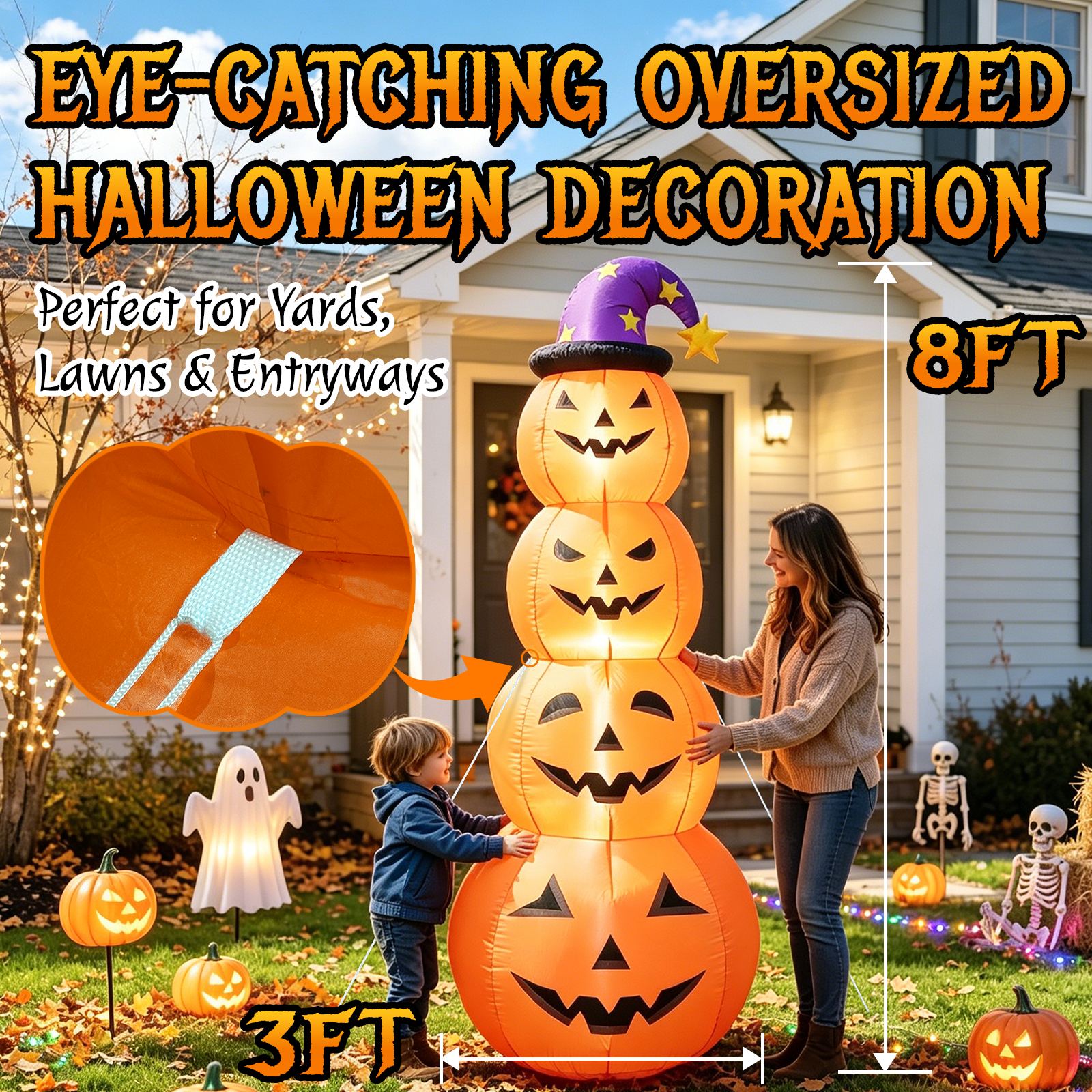 8 FT Halloween Inflatables Outdoor Decorations, Blow Up Yard Decorations Inflatable Pumpkins with Witch Hat with Build-in LEDs, Stacked Pumpkins Blow Ups for Yard, Halloween Decor