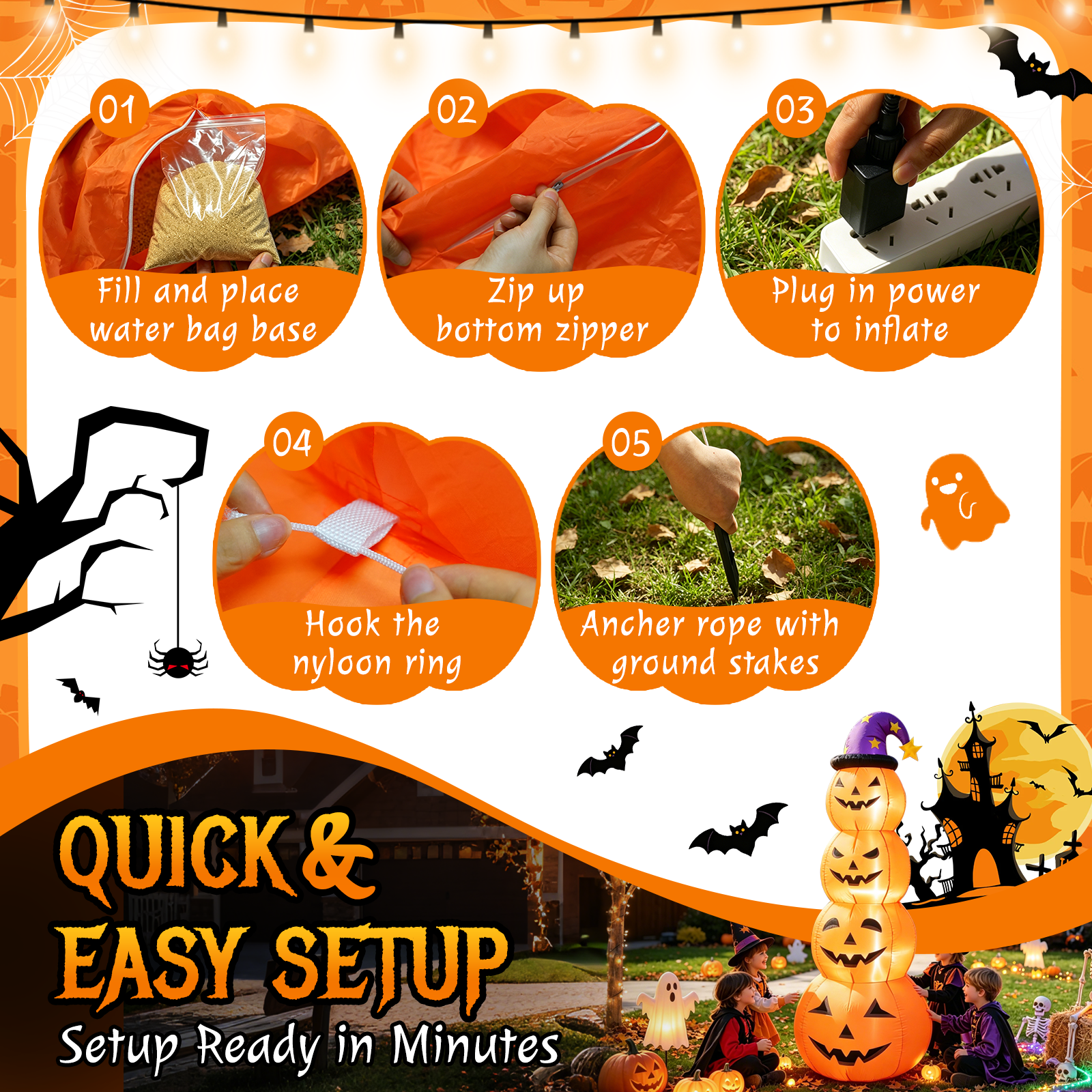 8 FT Halloween Inflatables Outdoor Decorations, Blow Up Yard Decorations Inflatable Pumpkins with Witch Hat with Build-in LEDs, Stacked Pumpkins Blow Ups for Yard, Halloween Decor