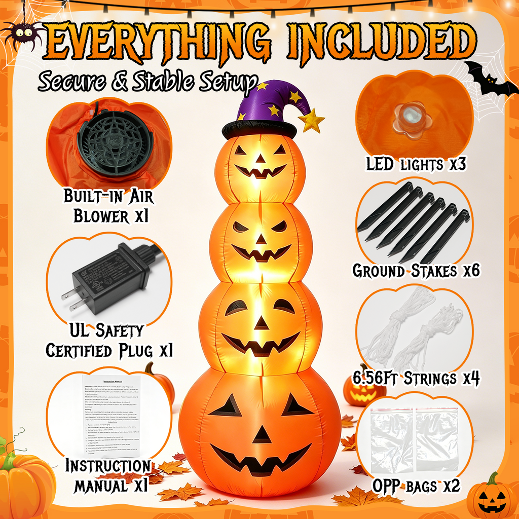 8 FT Halloween Inflatables Outdoor Decorations, Blow Up Yard Decorations Inflatable Pumpkins with Witch Hat with Build-in LEDs, Stacked Pumpkins Blow Ups for Yard, Halloween Decor