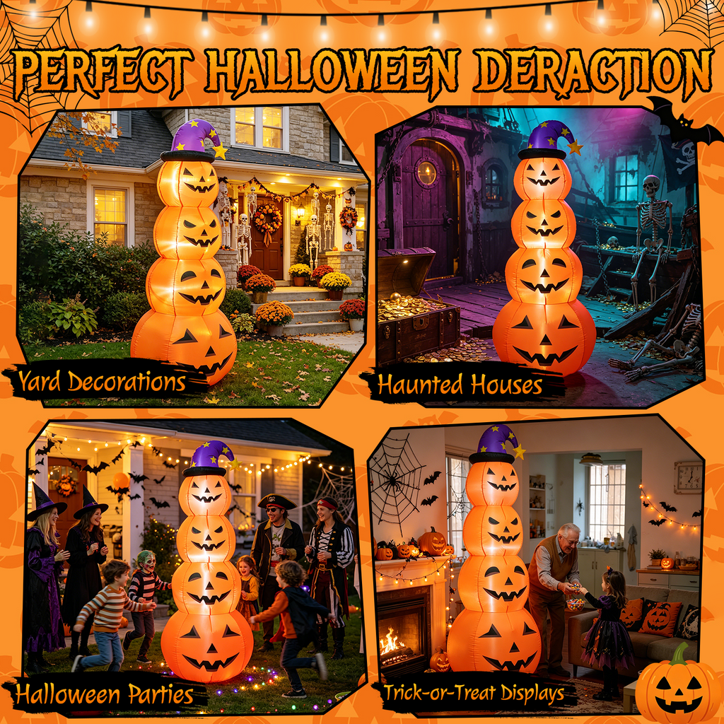8 FT Halloween Inflatables Outdoor Decorations, Blow Up Yard Decorations Inflatable Pumpkins with Witch Hat with Build-in LEDs, Stacked Pumpkins Blow Ups for Yard, Halloween Decor