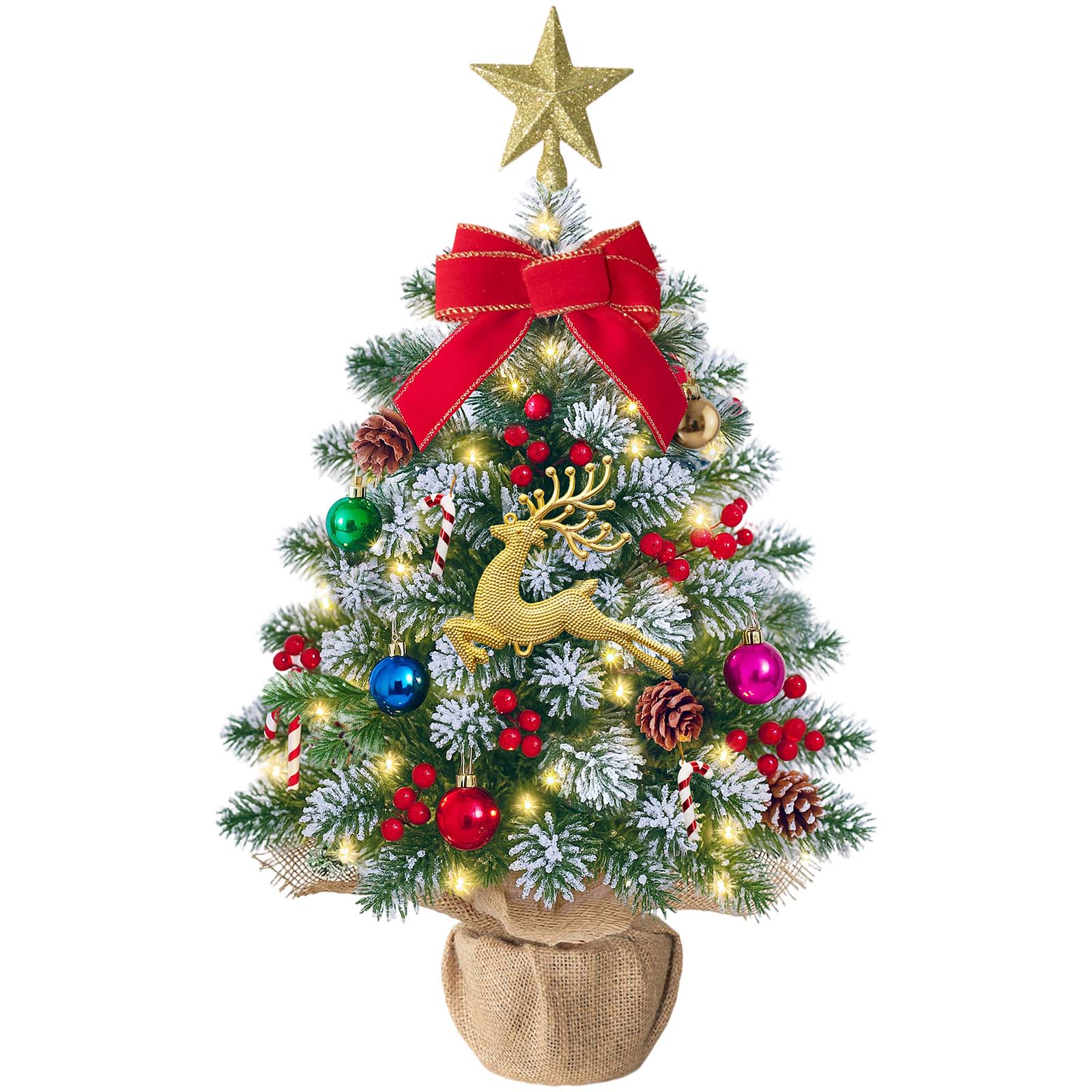 MoonSun Mini Christmas Tree with Lights, 2FT Snow Flocked Tabletop Small Artificial Xmas Tree with Star Treetopper, LED String Light & Hanging Ornaments for Desk Christmas Decors Home Office Party