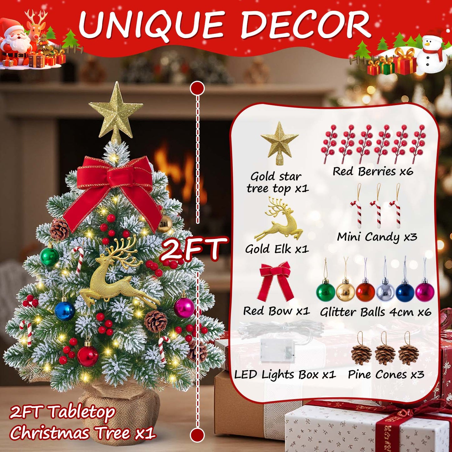 MoonSun Mini Christmas Tree with Lights, 2FT Snow Flocked Tabletop Small Artificial Xmas Tree with Star Treetopper, LED String Light & Hanging Ornaments for Desk Christmas Decors Home Office Party