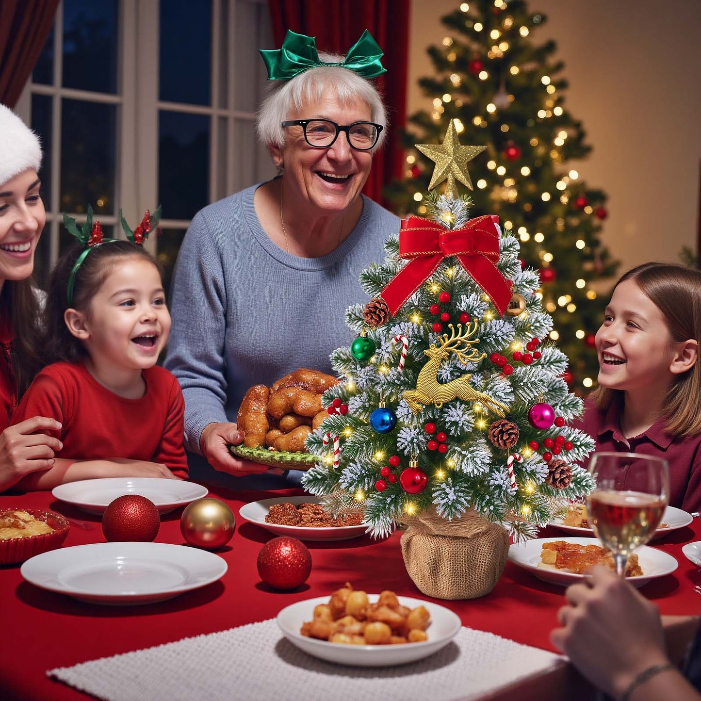 MoonSun Mini Christmas Tree with Lights, 2FT Snow Flocked Tabletop Small Artificial Xmas Tree with Star Treetopper, LED String Light & Hanging Ornaments for Desk Christmas Decors Home Office Party