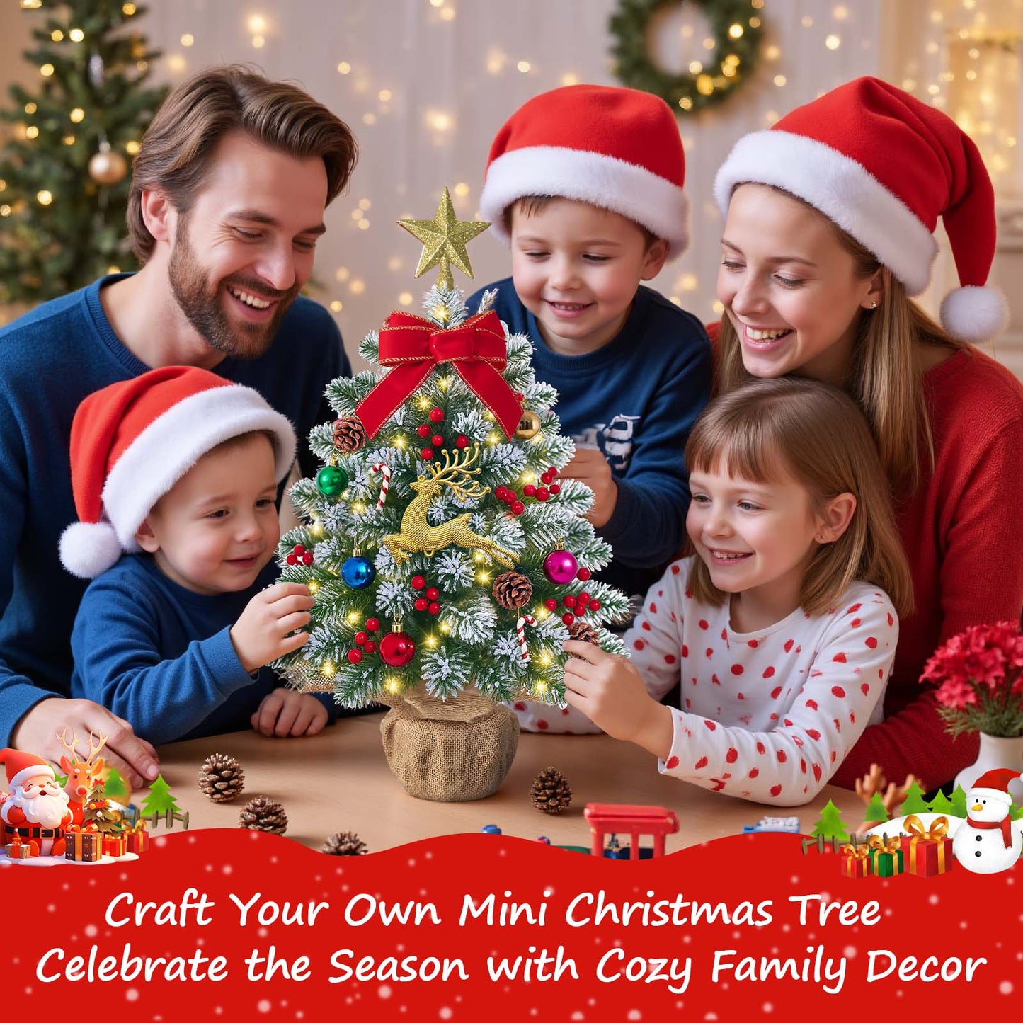 MoonSun Mini Christmas Tree with Lights, 2FT Snow Flocked Tabletop Small Artificial Xmas Tree with Star Treetopper, LED String Light & Hanging Ornaments for Desk Christmas Decors Home Office Party