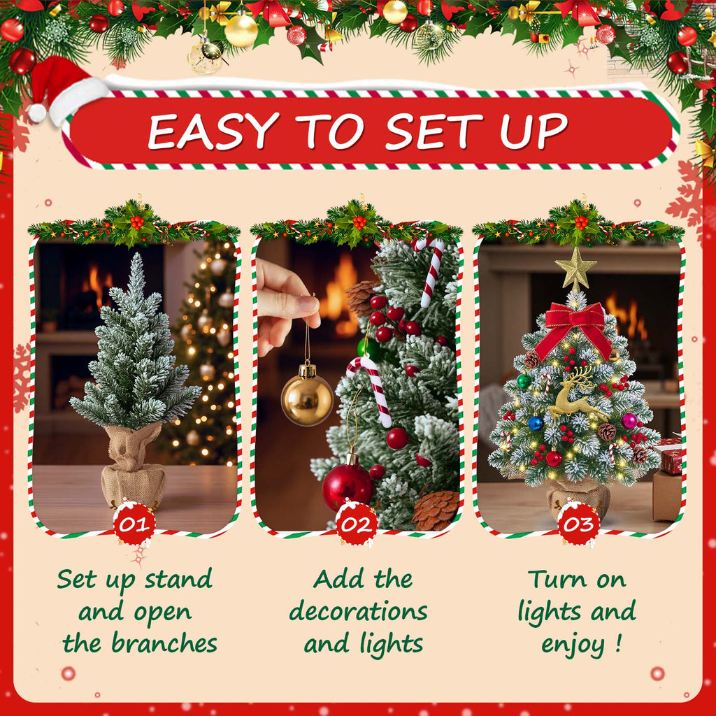 MoonSun Mini Christmas Tree with Lights, 2FT Snow Flocked Tabletop Small Artificial Xmas Tree with Star Treetopper, LED String Light & Hanging Ornaments for Desk Christmas Decors Home Office Party
