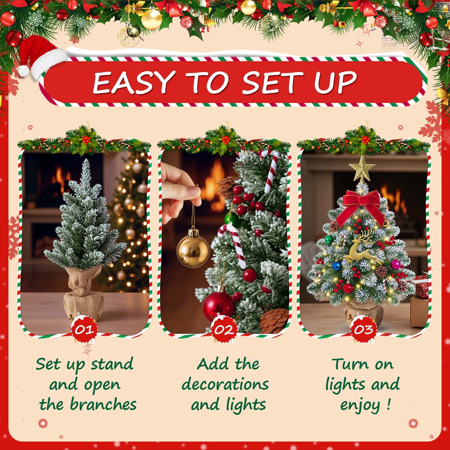 MoonSun Mini Christmas Tree with Lights, 2FT Snow Flocked Tabletop Small Artificial Xmas Tree with Star Treetopper, LED String Light & Hanging Ornaments for Desk Christmas Decors Home Office Party