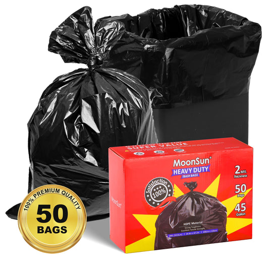 MoonSun 40-45 Gallon Trash Bags, 2.0 Mil 50 Count Large Black Garbage Bags, Heavy Duty Garbage Can Liners, Outdoor Garbage Bags for Commercial, Janitorial, Lawn, Leaf, and Contractors