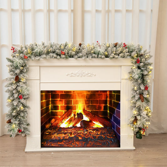 9ft Pre-Lit Christmas Garland Snow Flocked with LED Lights w/ 8 Modes & Timer, Pine Cones Frosted Garland for Mantle Stairs Door Indoor Outdoor Decorations