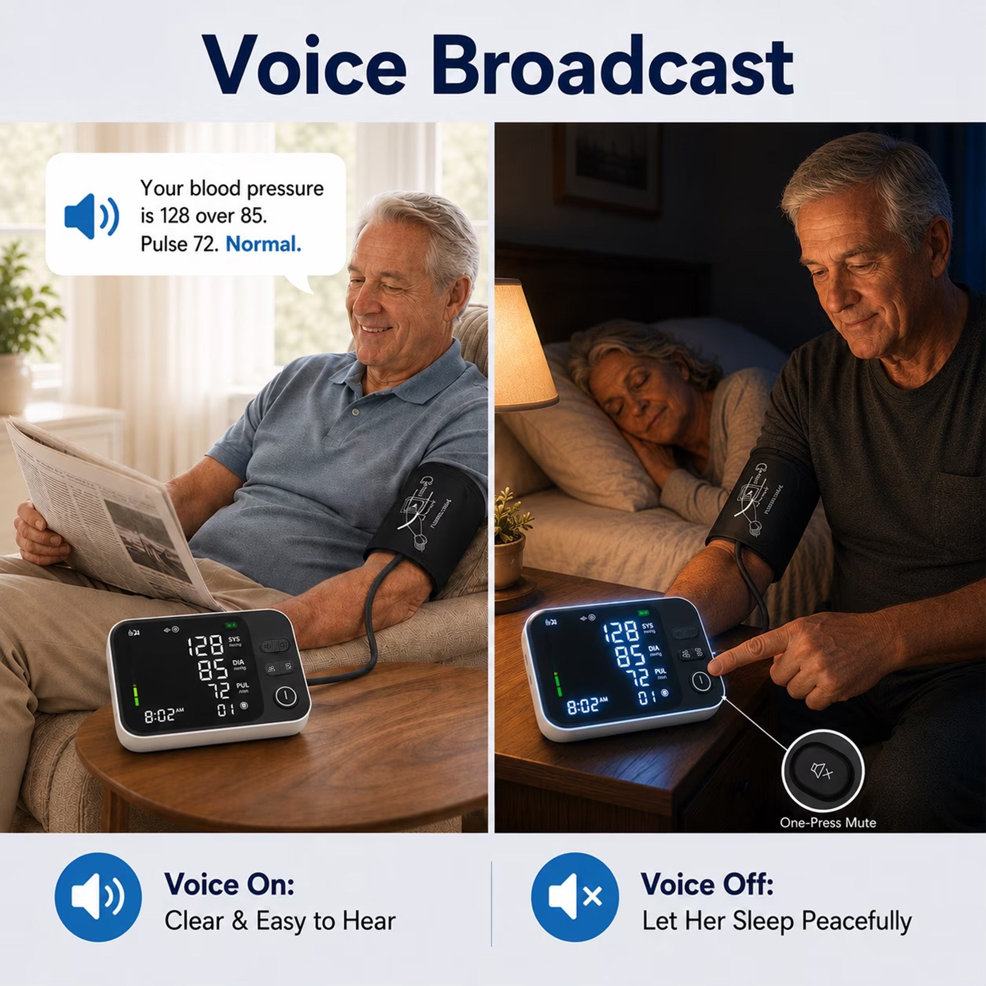 Moonsun Automatic Upper Arm Blood Pressure Monitor,Voice Broadcast with Quick Mute, Large Cuff 8.7”-16.6”, 2-User Memory, for Home Use