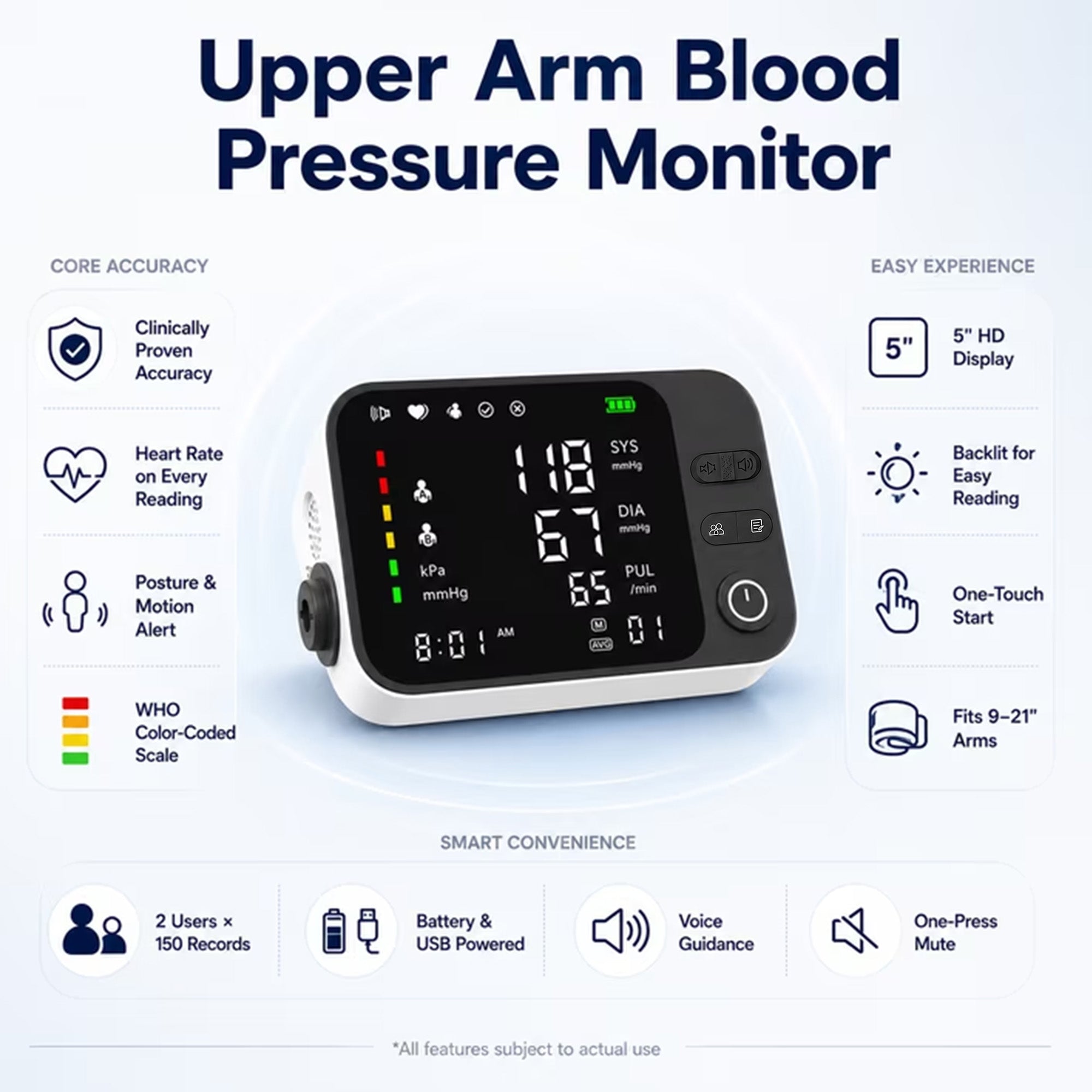 Moonsun Automatic Upper Arm Blood Pressure Monitor,Voice Broadcast with Quick Mute, Large Cuff 8.7”-16.6”, 2-User Memory, for Home Use