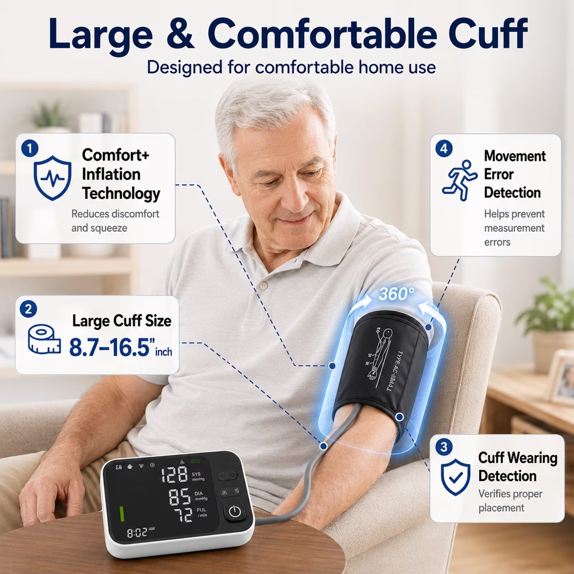 Moonsun Automatic Upper Arm Blood Pressure Monitor,Voice Broadcast with Quick Mute, Large Cuff 8.7”-16.6”, 2-User Memory, for Home Use