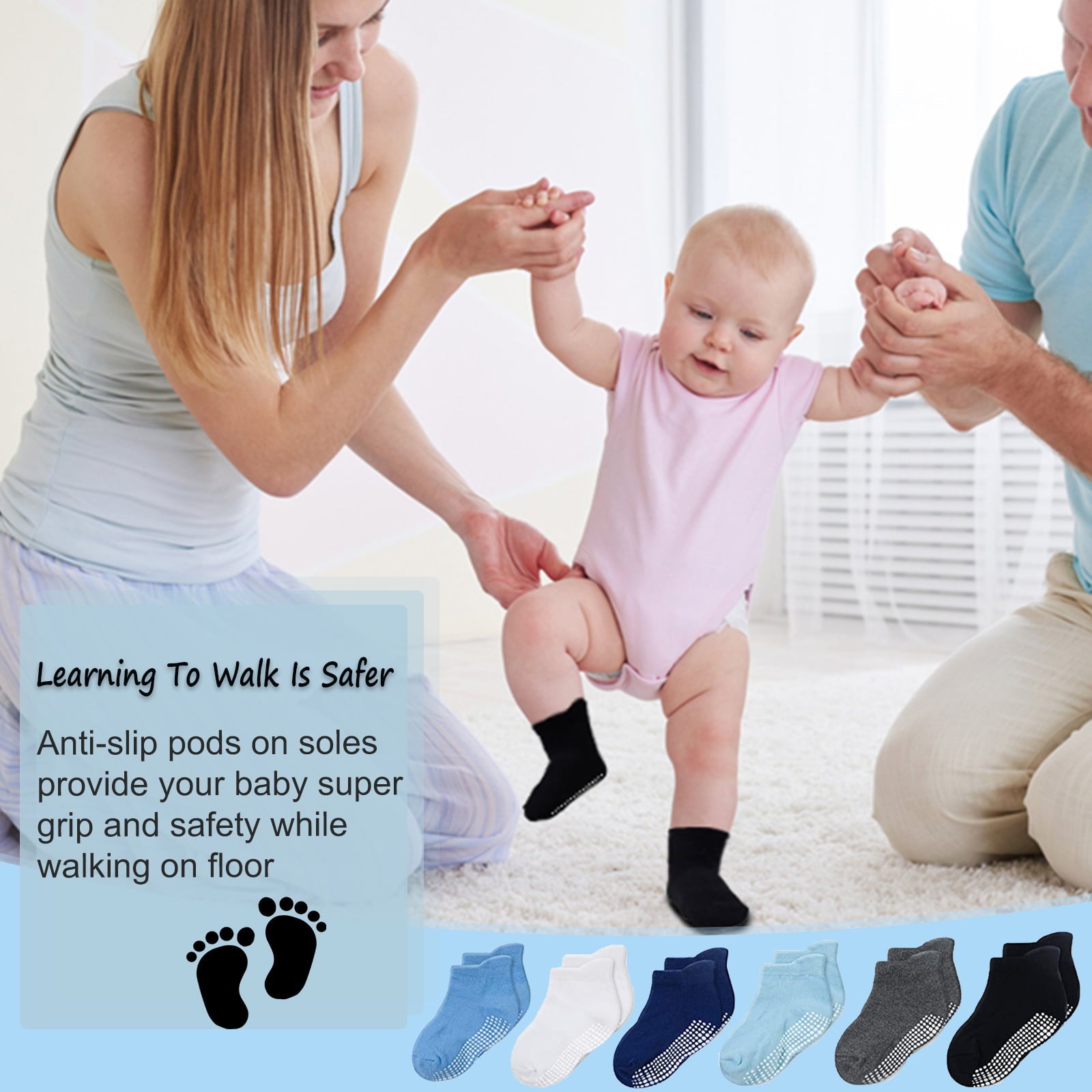Baby Socks with Grippers, Baby Non Slip Grip Ankle Socks with Non Skid Soles for 0-12 Months Infants Kids Toddlers Boys Girls - 6 Pairs