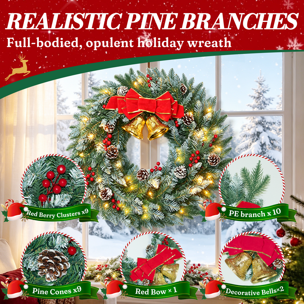 Moonsun 24" Pre-Lit Christmas Wreath, Flocked White, Warm White Lights with Bow & Large Jingle Bells for Front Door, Window, Mantel, Indoor & Outdoor Holiday Decor