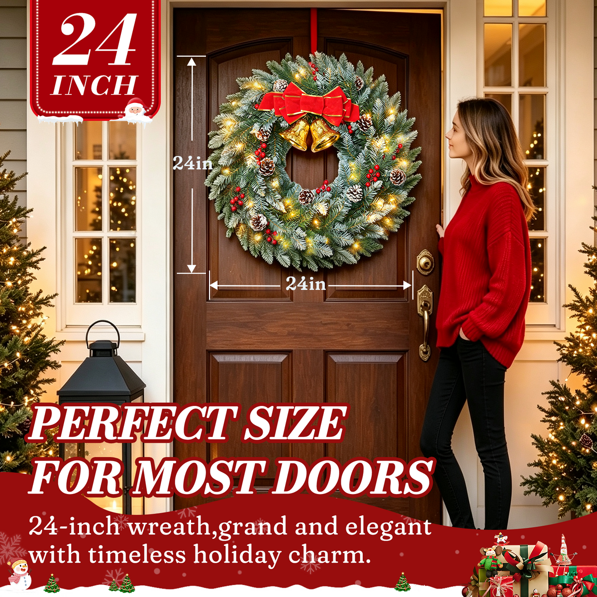 Moonsun 24" Pre-Lit Christmas Wreath, Flocked White, Warm White Lights with Bow & Large Jingle Bells for Front Door, Window, Mantel, Indoor & Outdoor Holiday Decor