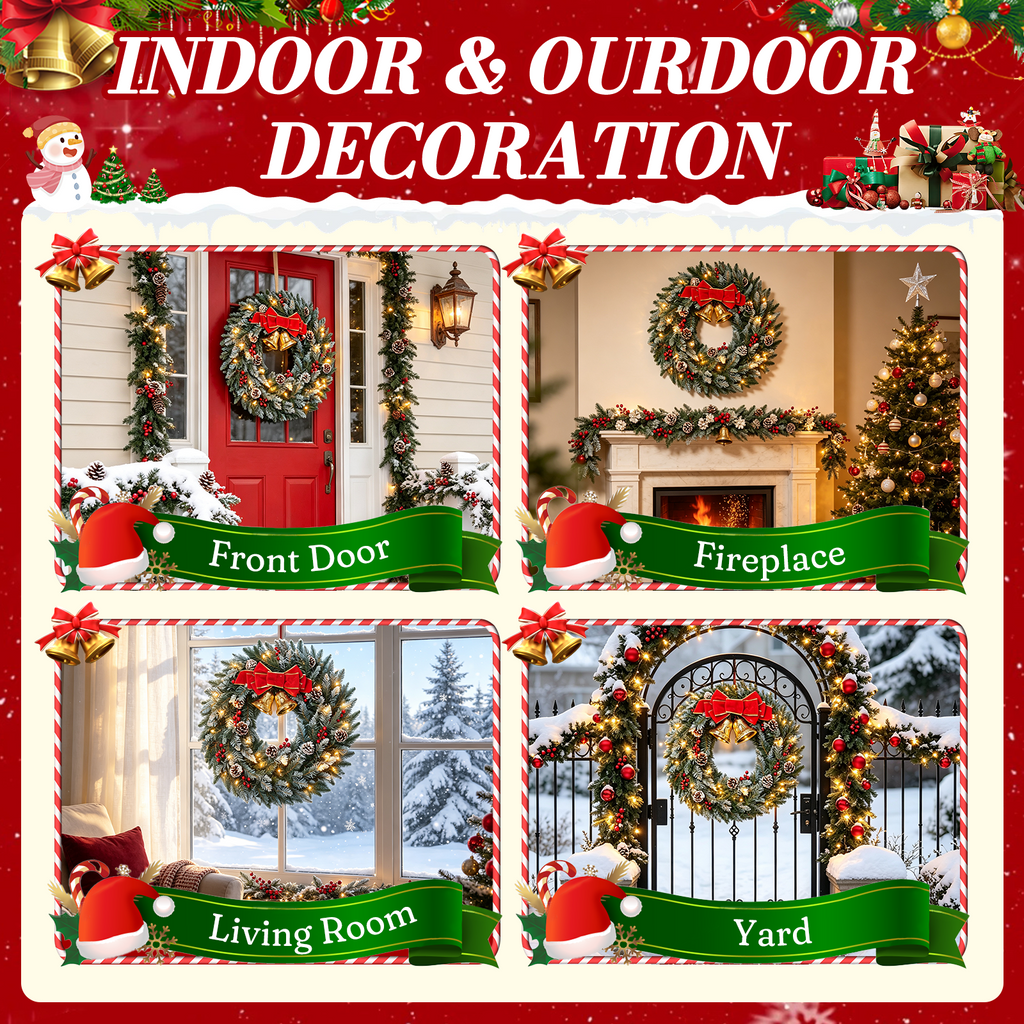 Moonsun 24" Pre-Lit Christmas Wreath, Flocked White, Warm White Lights with Bow & Large Jingle Bells for Front Door, Window, Mantel, Indoor & Outdoor Holiday Decor