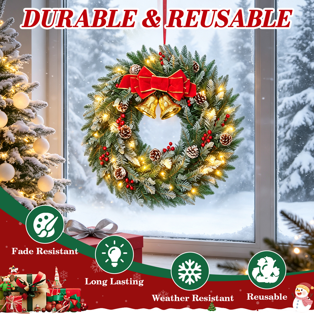Moonsun 24" Pre-Lit Christmas Wreath, Flocked White, Warm White Lights with Bow & Large Jingle Bells for Front Door, Window, Mantel, Indoor & Outdoor Holiday Decor
