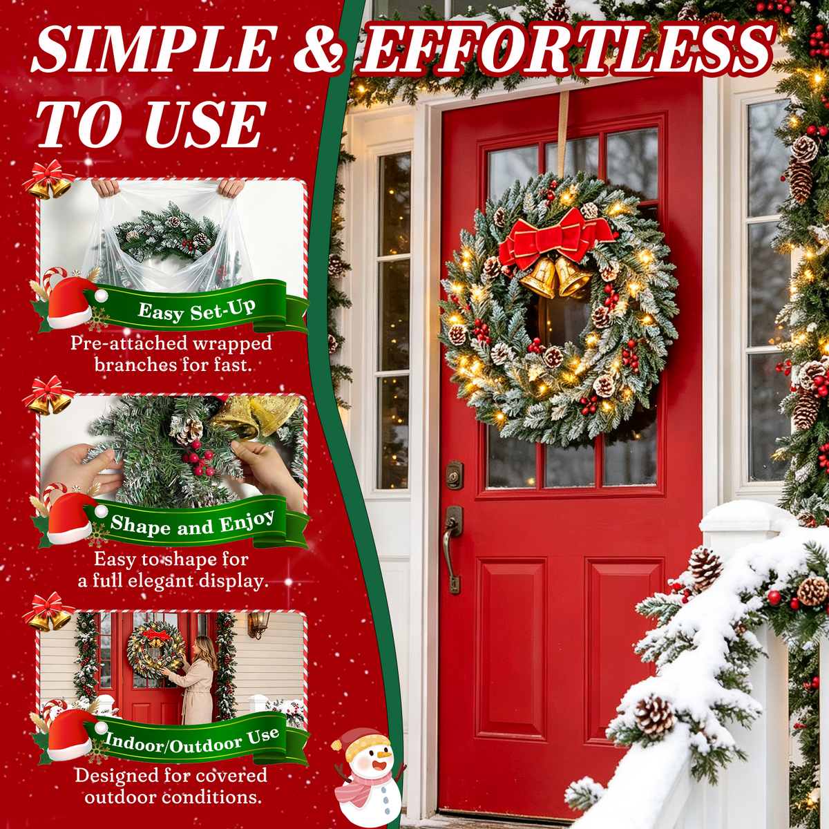Moonsun 24" Pre-Lit Christmas Wreath, Flocked White, Warm White Lights with Bow & Large Jingle Bells for Front Door, Window, Mantel, Indoor & Outdoor Holiday Decor