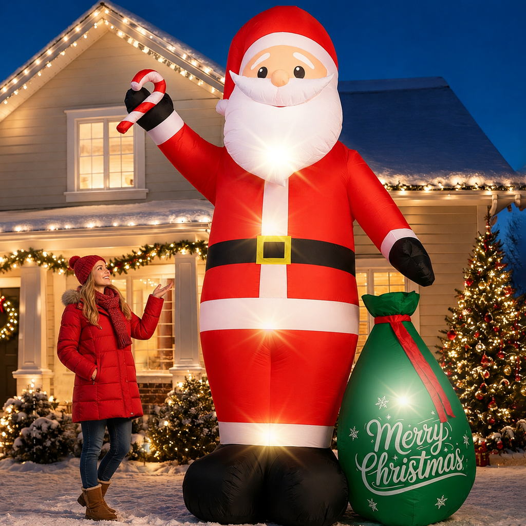 Moonsun 12 FT Christmas Inflatable Santa Claus with LED Lights, Giant Blow Up Outdoor Yard Decoration for Holiday Lawn and Garden
