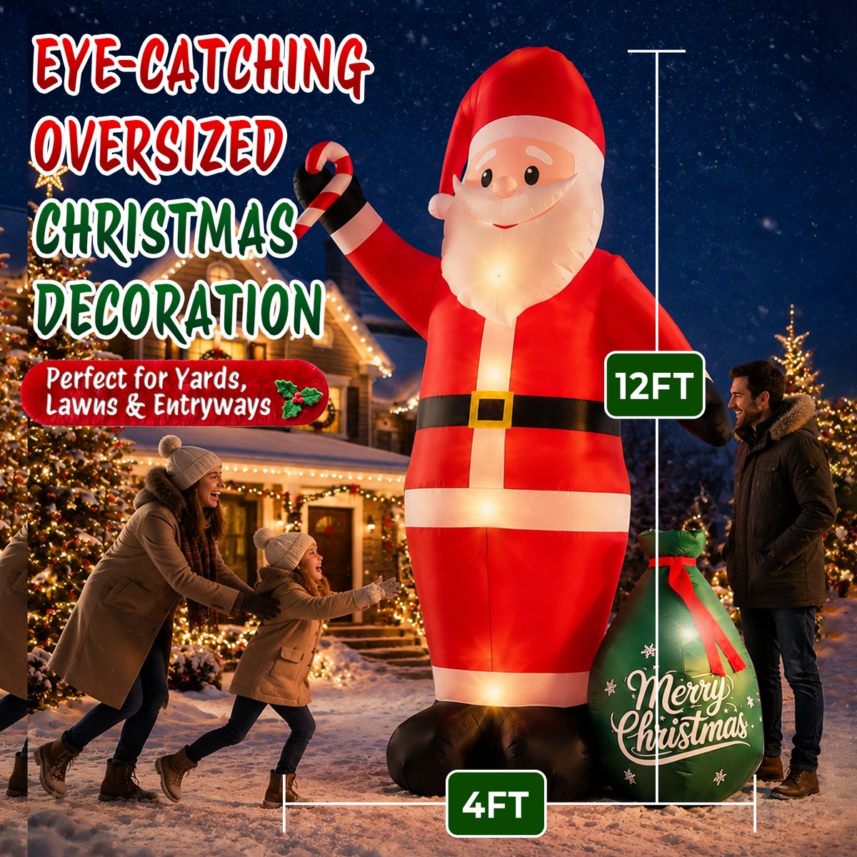Moonsun 12 FT Christmas Inflatable Santa Claus with LED Lights, Giant Blow Up Outdoor Yard Decoration for Holiday Lawn and Garden