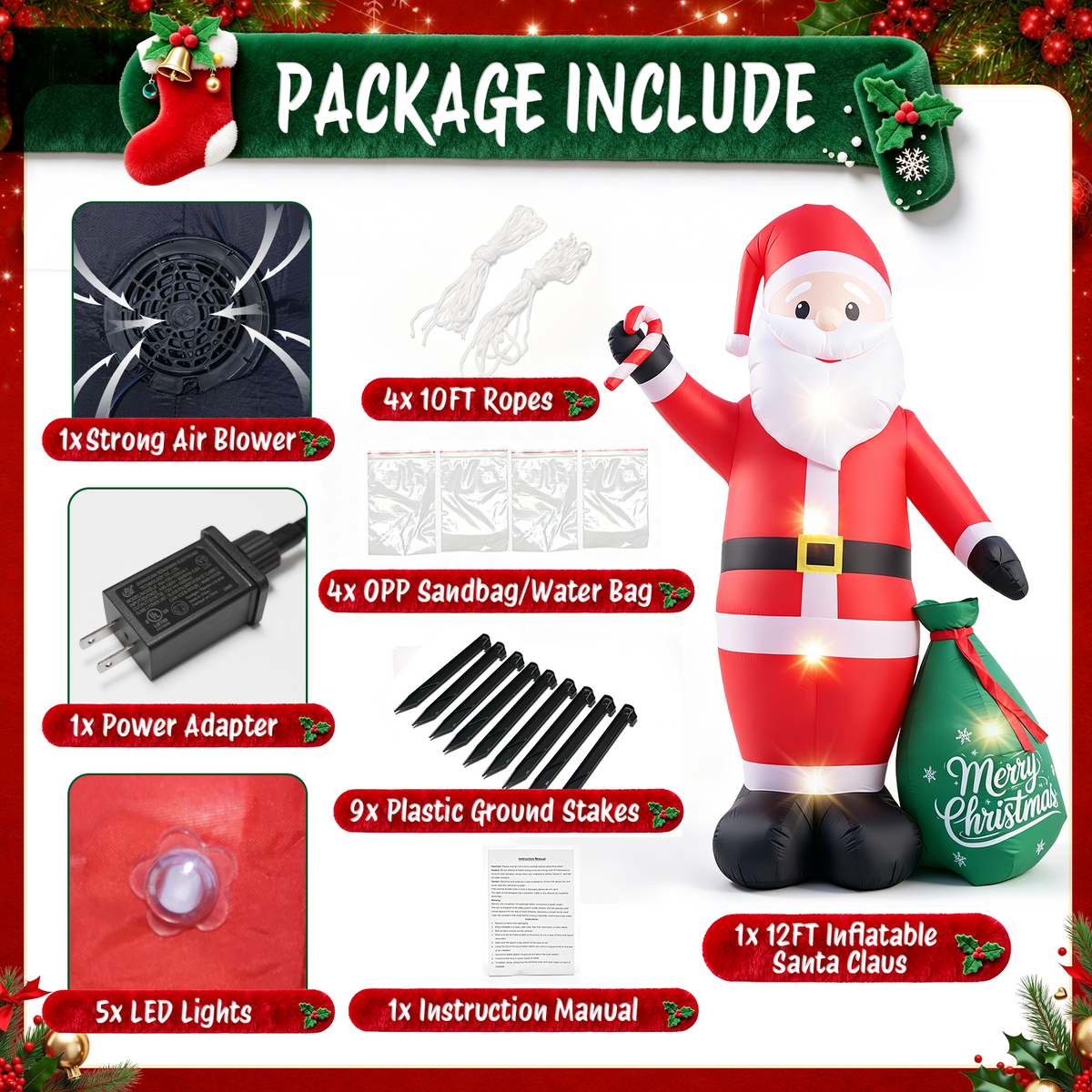 Moonsun 12 FT Christmas Inflatable Santa Claus with LED Lights, Giant Blow Up Outdoor Yard Decoration for Holiday Lawn and Garden