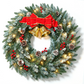 Moonsun 24" Pre-Lit Christmas Wreath, Flocked White, Warm White Lights with Bow & Large Jingle Bells for Front Door, Window, Mantel, Indoor & Outdoor Holiday Decor