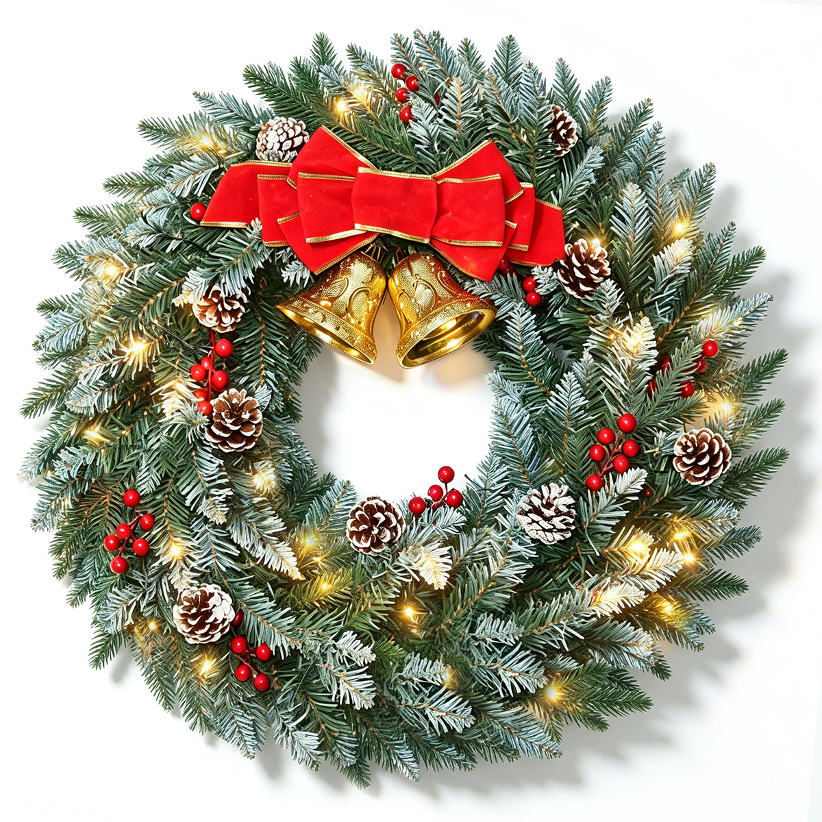 Moonsun 24" Pre-Lit Christmas Wreath, Flocked White, Warm White Lights with Bow & Large Jingle Bells for Front Door, Window, Mantel, Indoor & Outdoor Holiday Decor