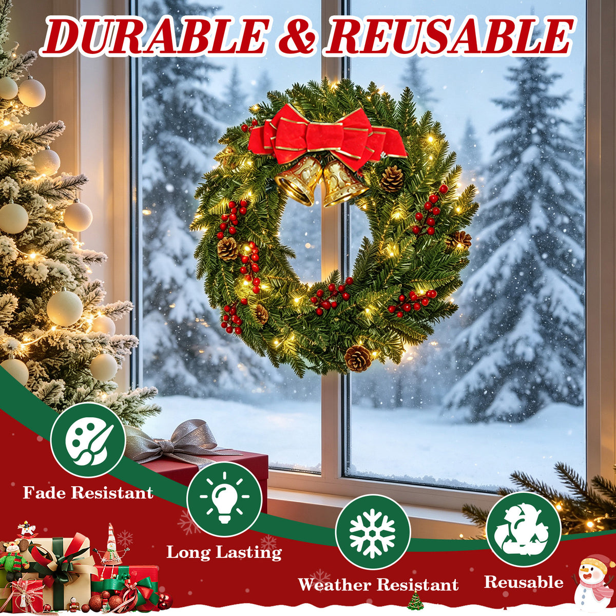 Moonsun 24" Pre-Lit Christmas Wreath, Evergreen, Warm White Lights with Bow & Large Jingle Bells for Front Door, Window, Mantel, Indoor & Outdoor Holiday Decor