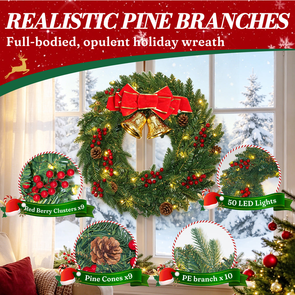 Moonsun 24" Pre-Lit Christmas Wreath, Evergreen, Warm White Lights with Bow & Large Jingle Bells for Front Door, Window, Mantel, Indoor & Outdoor Holiday Decor