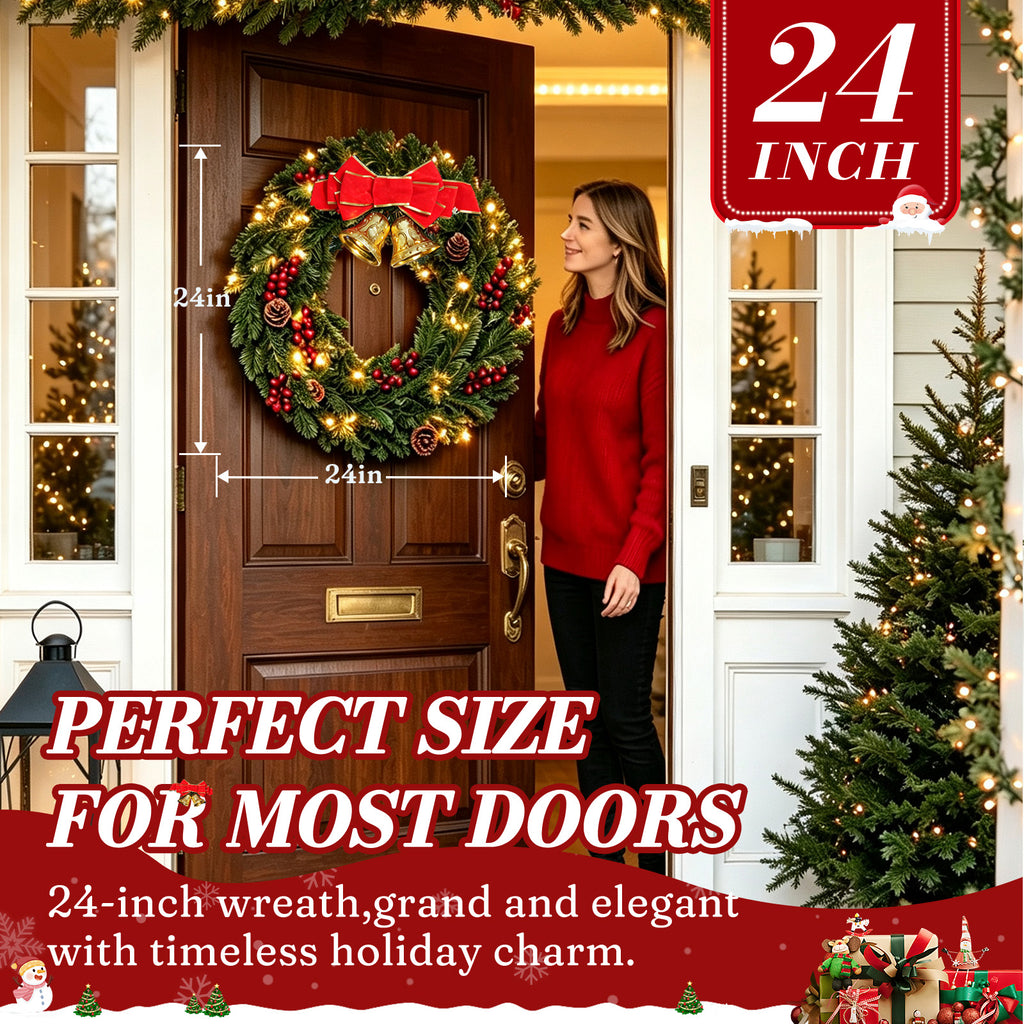 Moonsun 24" Pre-Lit Christmas Wreath, Evergreen, Warm White Lights with Bow & Large Jingle Bells for Front Door, Window, Mantel, Indoor & Outdoor Holiday Decor