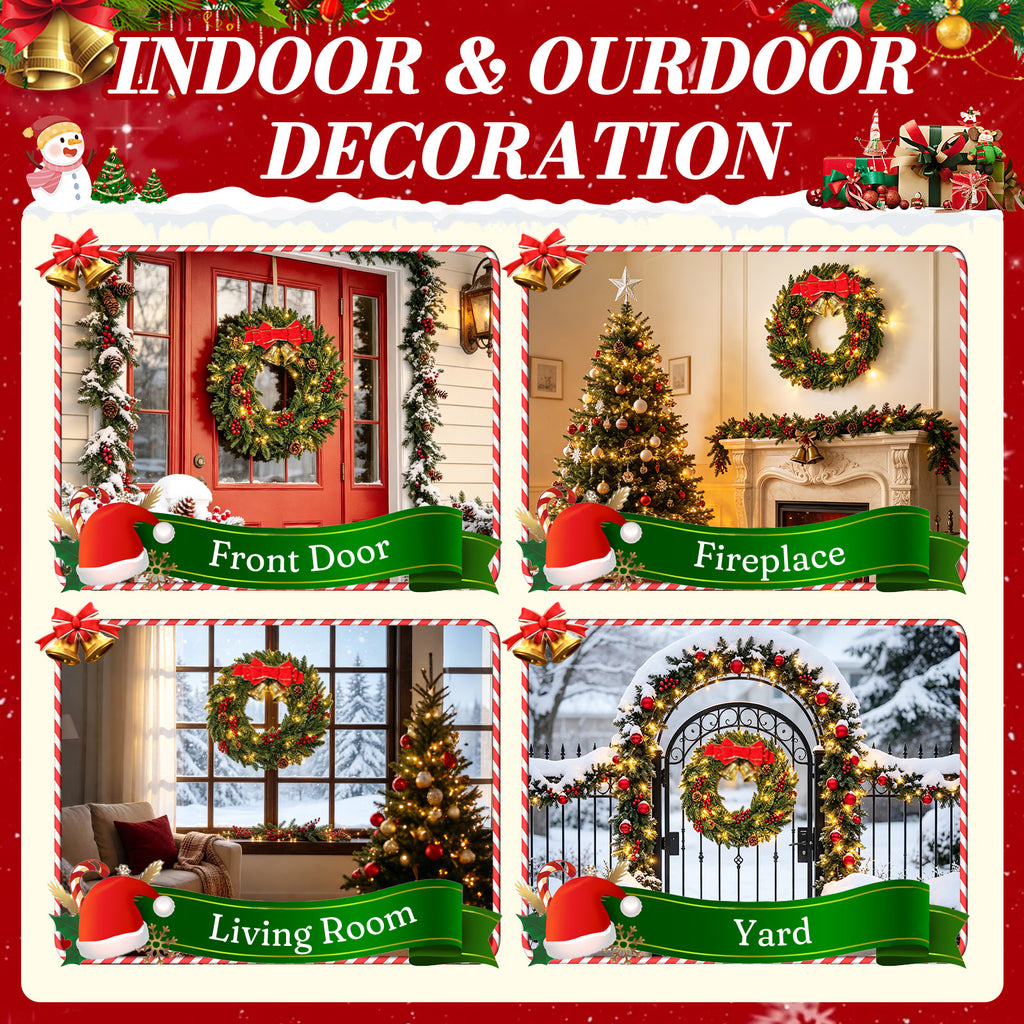 Moonsun 24" Pre-Lit Christmas Wreath, Evergreen, Warm White Lights with Bow & Large Jingle Bells for Front Door, Window, Mantel, Indoor & Outdoor Holiday Decor