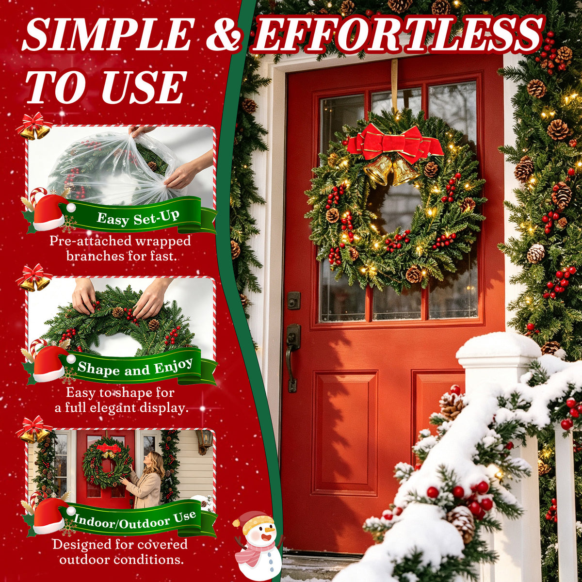 Moonsun 24" Pre-Lit Christmas Wreath, Evergreen, Warm White Lights with Bow & Large Jingle Bells for Front Door, Window, Mantel, Indoor & Outdoor Holiday Decor