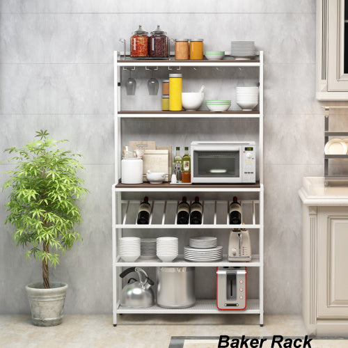 MoonSun 6-Tier Baker Rack, Freestanding Bar Wine Rack Table with Glass& Cup Holders, Kitchen Microwave Stand Metal