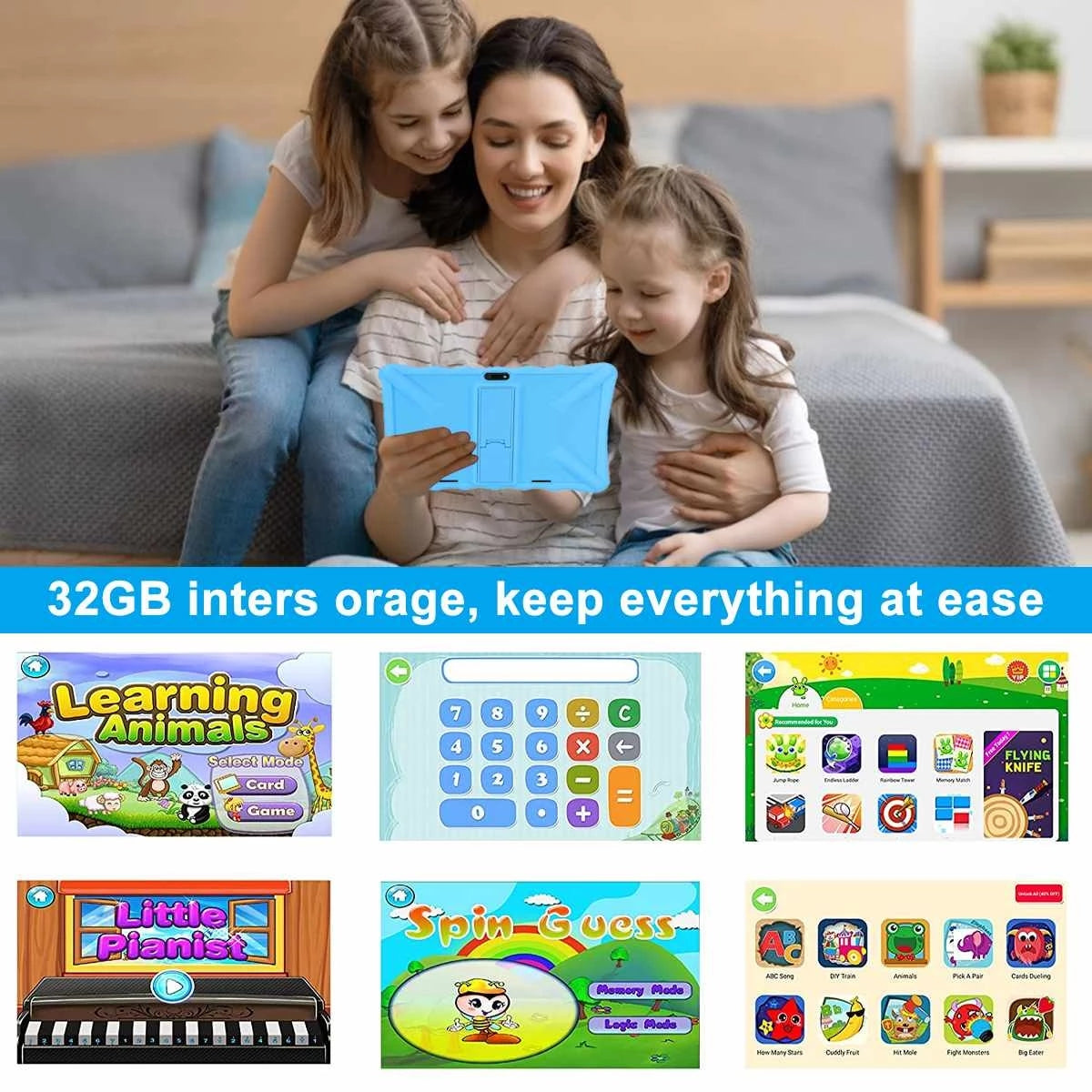 Kids Learning Tablet , 2GB RAM, 32GB ROM, Android 11, 1.8GHz Quad Core Processor, IPS HD Display, 7” Android Tablet, Blue