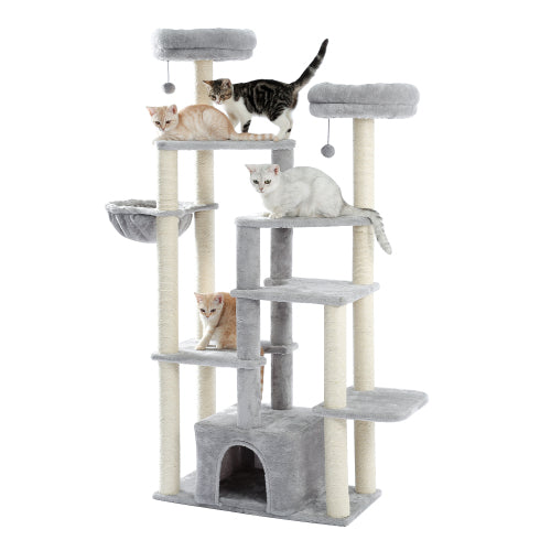 MoonSun 65.3’’ Cat Tree with Sisal Scratching Posts, Multi-Platform, Deluxe Condo, 2 Top Perches and Hammock Bed for Cats Gray