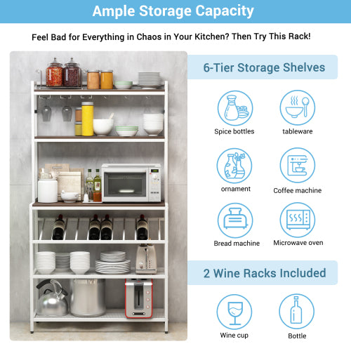 MoonSun 6-Tier Baker Rack, Freestanding Bar Wine Rack Table with Glass& Cup Holders, Kitchen Microwave Stand Metal