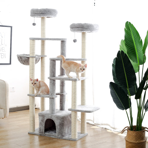 MoonSun 65.3’’ Cat Tree with Sisal Scratching Posts, Multi-Platform, Deluxe Condo, 2 Top Perches and Hammock Bed for Cats Gray