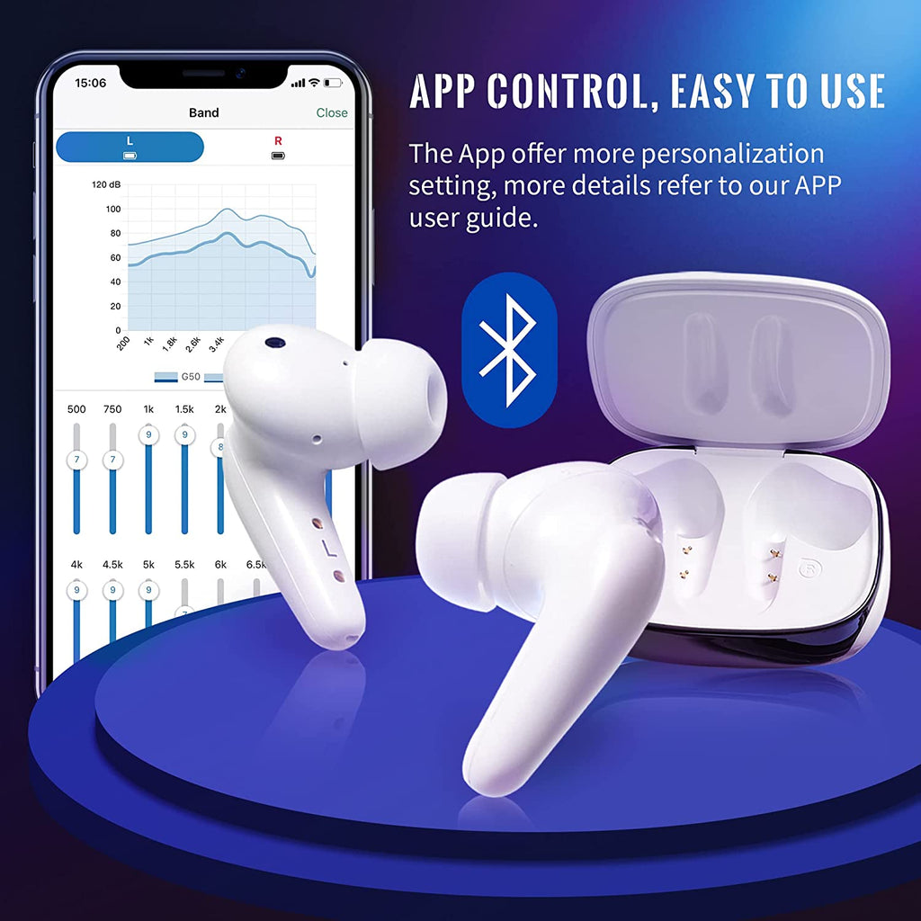 MOONSUN Bluetooth Hearing Amplifier for Seniors and Adults，Rechargeable with Noise Cancelling, Including Charging Case, A Pair