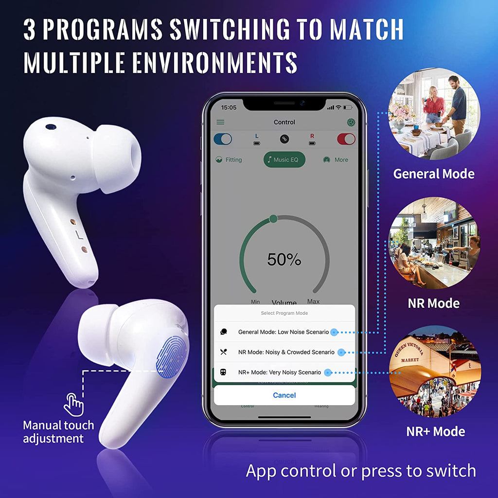 MOONSUN Bluetooth Hearing Amplifier for Seniors and Adults，Rechargeable with Noise Cancelling, Including Charging Case, A Pair