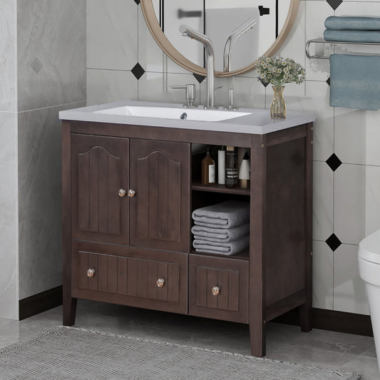 MOONSUN 36" Bathroom Vanity with Ceramic Basin, Bathroom Storage Cabinet with Two Doors and Drawers, Solid Frame, Metal Handles, Brown