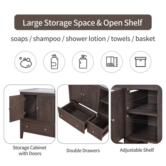 MOONSUN 36" Bathroom Vanity with Ceramic Basin, Bathroom Storage Cabinet with Two Doors and Drawers, Solid Frame, Metal Handles, Brown