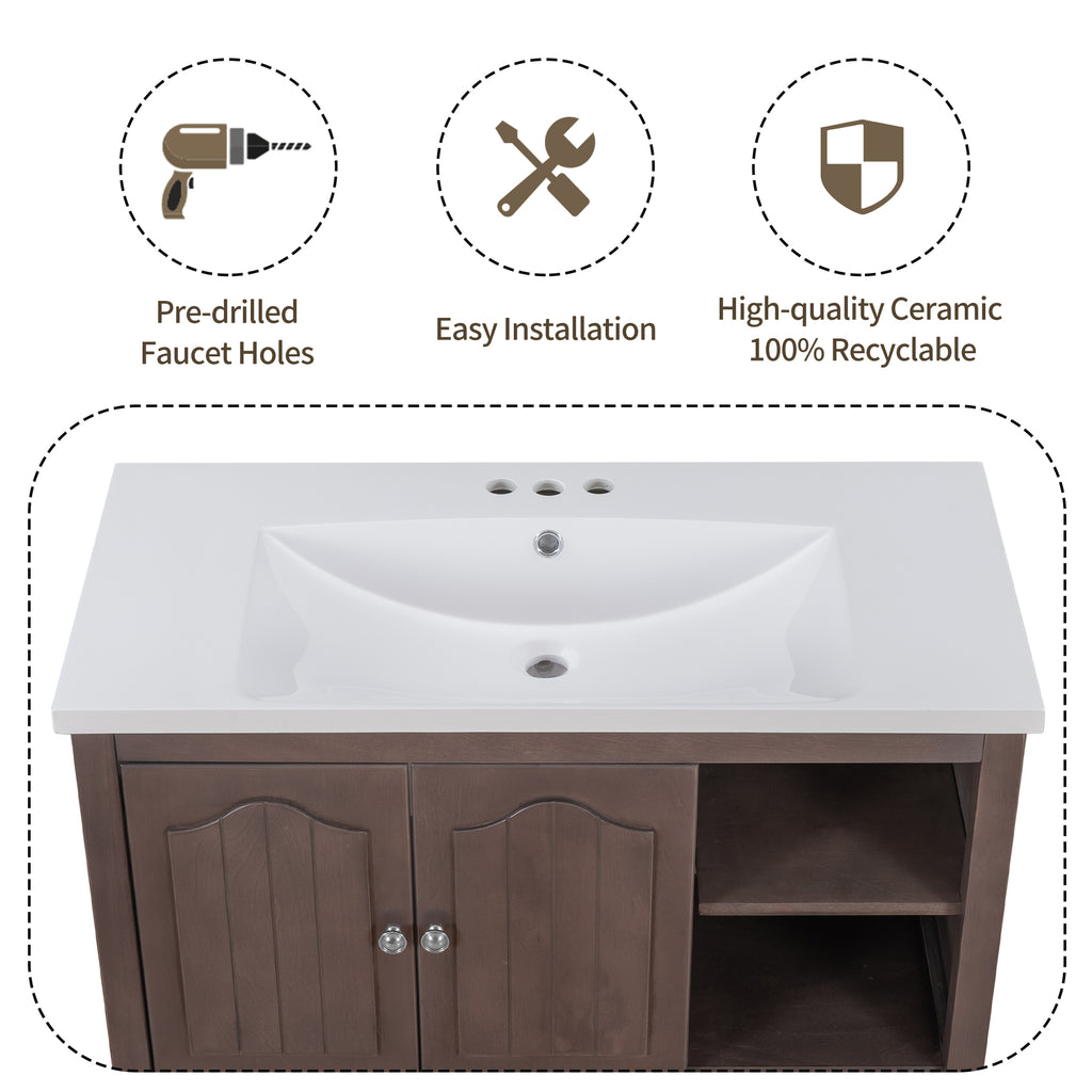 MOONSUN 36" Bathroom Vanity with Ceramic Basin, Bathroom Storage Cabinet with Two Doors and Drawers, Solid Frame, Metal Handles, Brown
