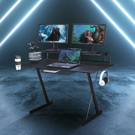 MOONSUN Sport Carbon Computer Gaming Desk with Shelving, Adjustable Racks and Storage Cup Holder Black