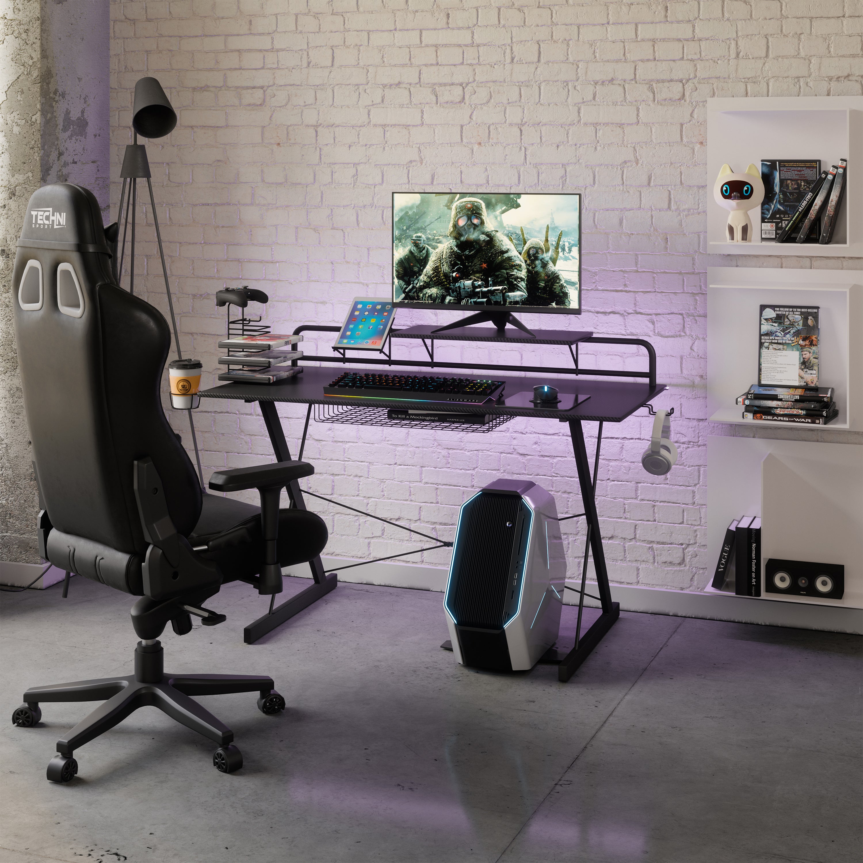 MOONSUN Sport Carbon Computer Gaming Desk with Shelving, Adjustable Racks and Storage Cup Holder Black